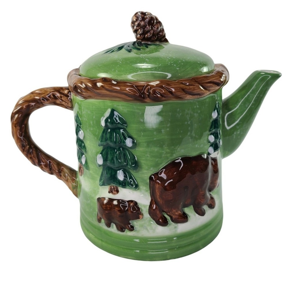Cabin Lake Lodge Theme Teapot‎ With Lid Moose Bear Wildlife Tree Ceramic READ